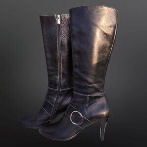 Y2K Knee High Tall Boots Size 9.5 Black Leather Buckle Stiletto Heels EUR 40